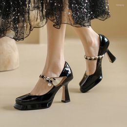 Dress Shoes Elegant Fashion Concise Women Pumps Buckle Mary Janes Red Patent Leather Square Toe High Heels Office Woman Spring
