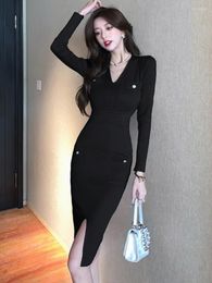 Casual Dresses Women V-neck Knitting Sweater Dress Ladies Brief Thin Solid Folds Long Sleeves Over Hip Knee-length Slit Office Celebrity