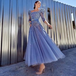 Party Dresses Sharon Said Elegant Blue Midi Evening Dress 2023 Luxury Dubai Muslim Ankle Length Arabic Short Wedding Formal Gowns SS240 230505