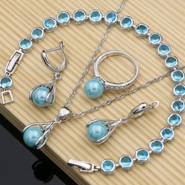 Wedding Jewellery Sets Blue Pearl Costume Jewellery Sets Fashion 925 Silver Jewellery Kits Wedding Bridal Stones Bracelet Necklace Set Ladies Gift 230505