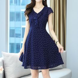 Casual Dresses Polka Dot Printed Chiffon Summer Dress Women New Short Sleeve Floral Elegant Red Black Midi Dresses Ladies vestidos robe 230505