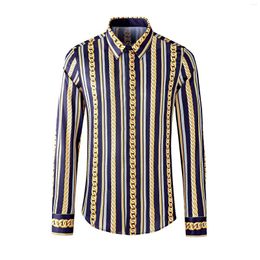 Men's Casual Shirts Luxury Vintage Chain Striped Printed Shirt For Men Slim Fit Long Sleeve Business Dress Social Party Tuxedo Blouse