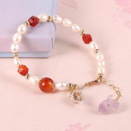 Strand Freshwater Pearls Crystal Gemstone Beaded Bracelet Women Girls Sweet Romatic Koran Japan Fashion Jewelry