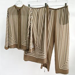 Women's Blouses Women Fashion Casual Grey Brown Striped Silk Shirt/Same Half Skirt/Same Wide Leg Pants 2023 Spring And Summer