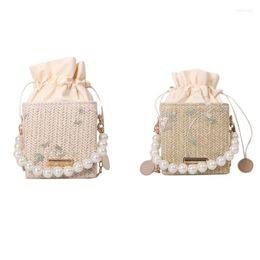 Evening Bags Women Straw Purses Artificial Peral Chain Handbags Summer Rattan Ladies Beach Basket Drawstring Hand