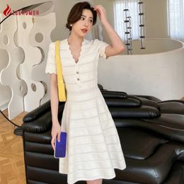 Casual Dresses Summer New Gentle Solid V-Neck Dress Women Korean Simple Fashion Hollow Out Short-Sleeved Slimming knitted Elegant Dresses 230505