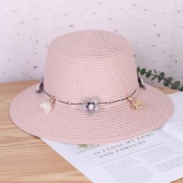 Wide Brim Hats Women Straw Hat Flower Decor Strap Round Solid Colour Sunscreen Breathable Korean Outdoor Travel Lady Fisherman Headwear