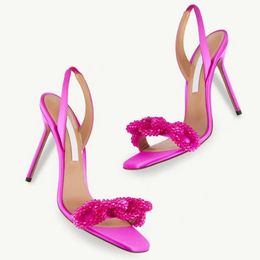 Aquazzura Chain Of Love Sandal 105 Rosa CoLore Pink rose Stiletto Heel Dress shoes crystal-encrusted Satin Party Evening shoes Luxury Designer factory footwear