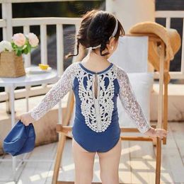 Girls Swimwear Childrens One pieces One Piece Solid Colour Long Sleeved Swimsuit Lace Cute Baby
