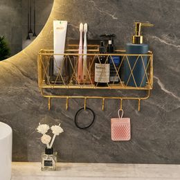 Bathroom Shelves Luxury Gold Bathroom Shelf without Drilling Metal Shower Storage Basket with hook Toothbrush Shampoo Holder Bathroom Accessories 230504