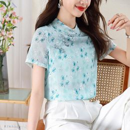 Women's Blouses Women Tops And Chinese Style Button Up Green Floral Shirt Summer Stand Collar Breathable Blouse Women's