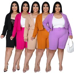 Women's Tracksuits Pus Size Fall Clothing 2023 Two Pece Set Women Long Sleeves Suit Shorts With Belt Office Lady Party Club Outfits Wholesal