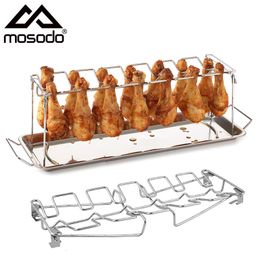 BBQ Tools Accessories BBQ Beef Chicken Leg Wing Grill Rack 14 Slots Stainless Steel Barbecue Drumsticks Holder Smoker Oven Roaster Stand with Drip Pan 230504