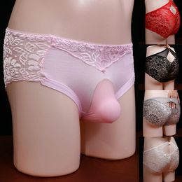 Underpants Sexy Men's Underwear Sissy Pouch Panties Breathable Lace Men Briefs Large Size Transparent U-Shaped Gay Shorts