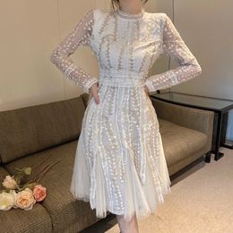 Casual Dresses Fashion Ladies Embroidered Flower Dress Women O-Neck Elegant Vintage Dot Mesh Patchwork Lace Knee-length Dress Vestidos 230505