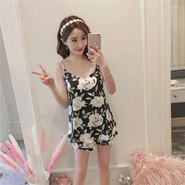 Women's Sleepwear Summer Pajamas Set For Women Flower Print Camisole Suit Home Service Sexy Lingerie Tops Shorts Sets