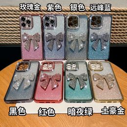 Bling Gradient Glitter Diamond Side Chromed Cases For Iphone 15 14 Pro Max Plus 13 12 11 Luxury Shinny Bow Bowknot Metallic Plating Clear Soft TPU Fine Hole Phone Cover