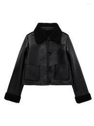 Women's Jackets YENKYE Women Black Faux Leather Jacket Vintage Pockets Long Sleeve Female Autumn Winter Warm Coats Short Tops