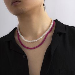 Chains Trendy Men's Jewellery Creative Personality Pink Cuban Chain With Pearl Double Layer Man Necklace Fashion Hip Hop Accessorie