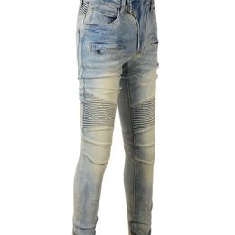 Men's Jeans Mens B1051 Distressed Motor Bike Ribs Patchwork Slim Ripped Stretch Biker Washed Blue Denim Size 2840 230504