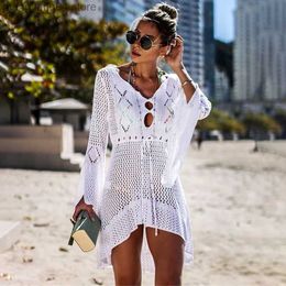 Women's Swimwear Women Solid Bikini Cover Up Sexy White Crochet Long Sleeve Beach Long Maxi Dress Cover-ups Female Loose Tunic Mesh Beachwear T230505