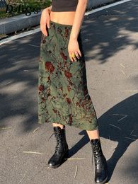 Skirts Darlingaga Y2K Green Fairycore Graphic Printed Midi Skirt Vintage Aesthetic Frill Chic Fashion Women s Grunge Outfits 230505