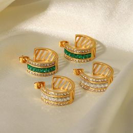 Hoop Earrings ALLME Vintage White Green Rhinestones For Women 18K Gold Plated Stainless Steel Hollow C Shape Chunky Earring