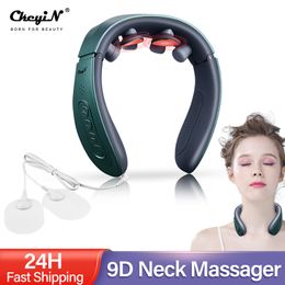 Back Massager CkeyiN 9D Electric TENS Pulse Neck Heat Rechargeable Cervical Vertebra Relax Pain Relief Kneading Massage Electrode Pad 230504