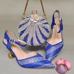 Dress Shoes Blue Color Pointed Toe High Heels Ball Heel With Round Handbag Fashion And Elegant Party Ladies Bag Set