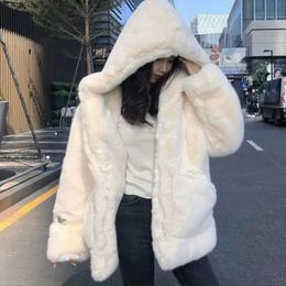 Women's Fur & Faux Rimocy Fashion Hooded Coats 2023 Plush Loose Long-sleeved Outerwear Woman Winter Thicken Warm Solid Jacket Ladies