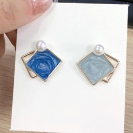 Backs Earrings Non Pierced Geometric Square Clip For Women Simple Blue Enamel Jewellery Simulated Pearl Ear Cuff Earings Aretes De Mujer