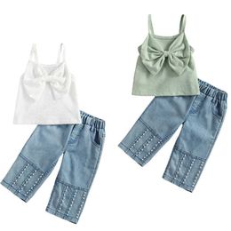 Clothing Sets FOCUSNORM 1-6Y Summer Cute Kids Girls Clothes Sets Solid Sleeveless Big Bow Vest Tops Pearl Denim Pants 2pcs AA230504