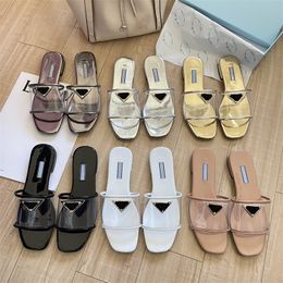 2023 Summer Womens Slide Sandals Designer Gold Label Leather Transparent Flat Bottom Slippers