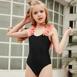 Bikini Girls Swimsuit One piece Solid Color Belly Covering Handmade Petal Beach Vacation Childrens