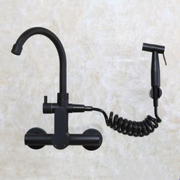 Kitchen Faucets Wall Mounted Matte Black Stainless Steel Faucet With Bidet Spray Shower Head Rotatable Cold And Water