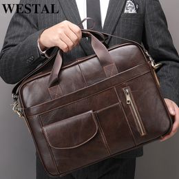 Briefcases WESTAL Men's Leather Bags Man Leather Laptop Bag For Document A4 Briefcase For Teens Men Business Portfolio Tote Messenger Bags 230504