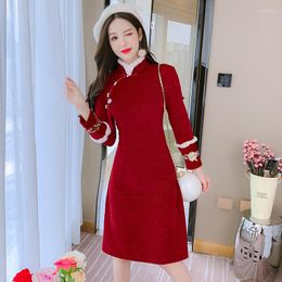 Ethnic Clothing Chinese Long Sleeve Cheongsam Traditional Wedding Qipao Woman Embroidery Year Dress Female Slim Plus Velvet Tassel