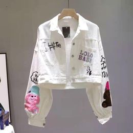 Women's Jackets Women White Embroidery Denim Jacket Spring Cartoon Sequined Letters Printed Bomber Coat Loose Jeans Cardigan Long-sleeved Tops 230505