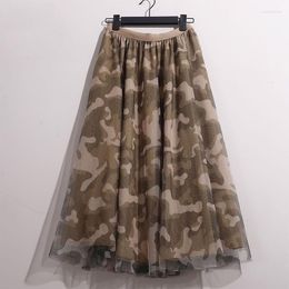 Skirts Camouflage Tulle Skirt Women Elastic High Waist Mesh Long Pleated Tutu Female Jupe Longue