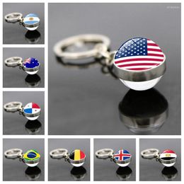 Keychains National Flag Glass Keychain Pendant Football Time Gem Double-Side Ball Car Key Chain K5150