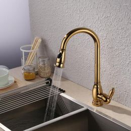 Kitchen Faucets Gold Solid Brass Single Hole Bar Sink Water Mixer Tap Faucet With Pull Down Sprayer Swivel High Arc Gooseneck Spout