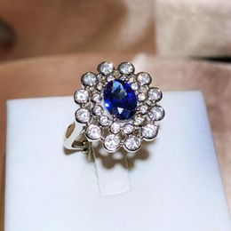 Cluster Rings 925 Silver Simulation Sapphire Ring Female Fashion Diamond-encrusted For Ladies Flower Party Birthday Jewellery Gift