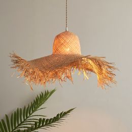 Chinese Straw Hat Pendant Lamps Asian Japanese Handmade Wicker Rattan Pendant Lights Nordic Hotel Dining Room Restaurant Caff Teahouse Hanging Lamp Luminaria