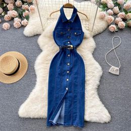 Casual Dresses Halter Backless Women Denim Dress with Belt Single Breasted Sexy Vestidos 2023 Sleeveless A-line Female Jean