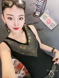 Women's Tanks 2023 Spring And Summer Y2K Top Rhinestone Tank Women's Slim Fit Inner Wear Sleeveless V-neck Stretch Tops Night-Club Cloth