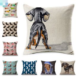 Cushion Decorative Pillow Dachshund Dog Cushion Covers Sausage Painting Cotton Linen Decorative Bedroom Sofa Home Decoration 45X45cm 230505