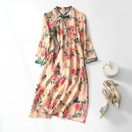 2023 Summer Pink Floral Print Panelled Silk Dress 3/4 Sleeve Stand Collar Buttons Knee-Length Casual Dresses C3A250141