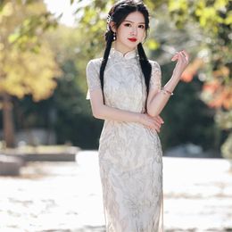 Ethnic Clothing Sexy Embroidery Mesh Chiffon Cheongsam Elegant Mandarin Collar Short Sleeve Women's Lace Qipao Summer Chinese Daily