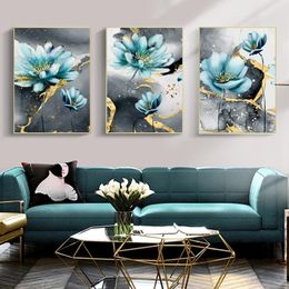 Stitch Abstract Blue Flowers Golden aesthetic Decorative Diamond Mosaic Diamond Painting Cross Stitch Kits Home Decor Wall Art Triptych