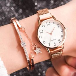 Wristwatches Simple Magnetic Woman's Watch Set 2pcs Mesh Belt Rose Gold Ladies Wristwatch Luxury Female Watches Clock Bracelet Zegarek